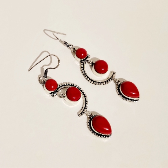 Natural Italian Red Coral 925 Silver Earrings - 3" - Picture 7 of 7